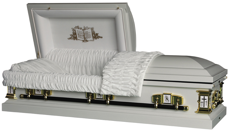 White 18 Gauge Steel Casket - Calvary Cross – Casket Gallery