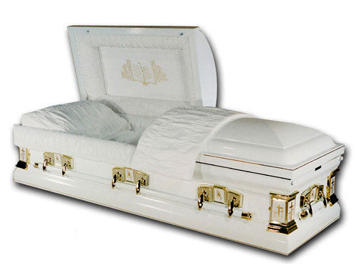 White Cross ~ Praying Hands & Calvary Crosses Steel Casket