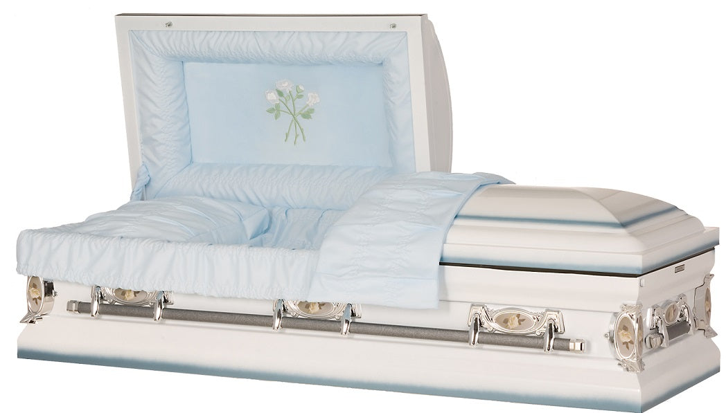 Blue & White Spray Rose Steel Casket