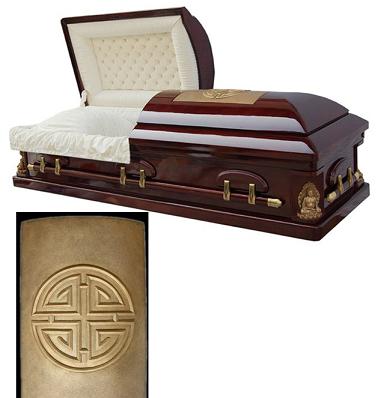 Buddha & Long Life Shield Solid Cherry Wood Golden Memory Casket