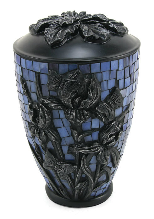 Photo of Deep Blue Mosaic Urn with Iris Flowers Urn